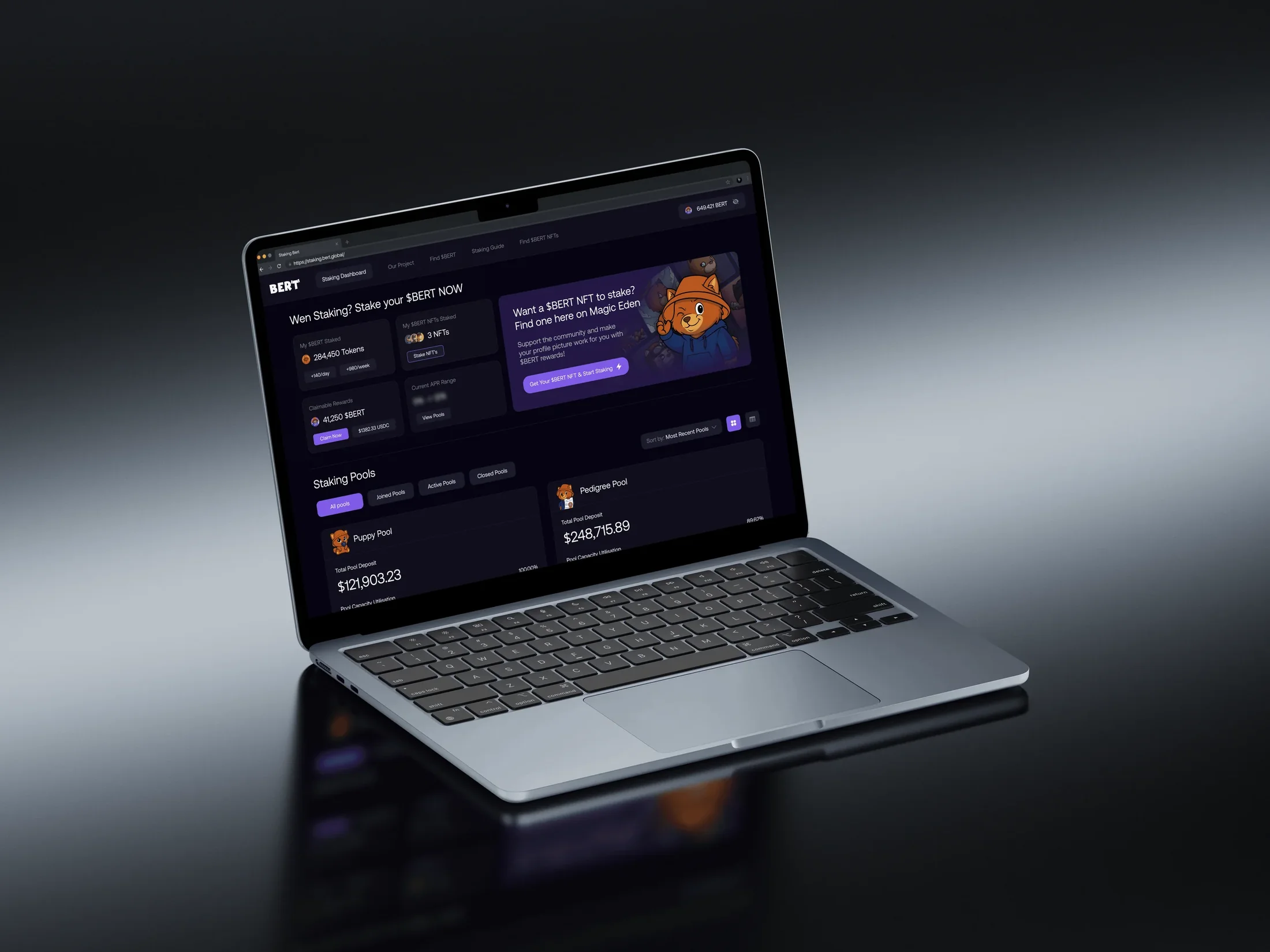 $BERT staking dashboard on a laptop