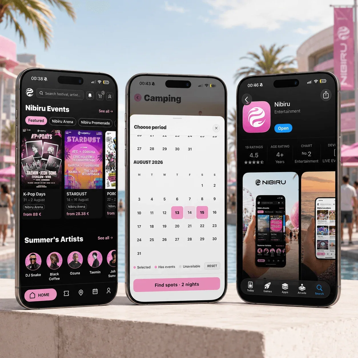 NIBIRU app screens for events and camping