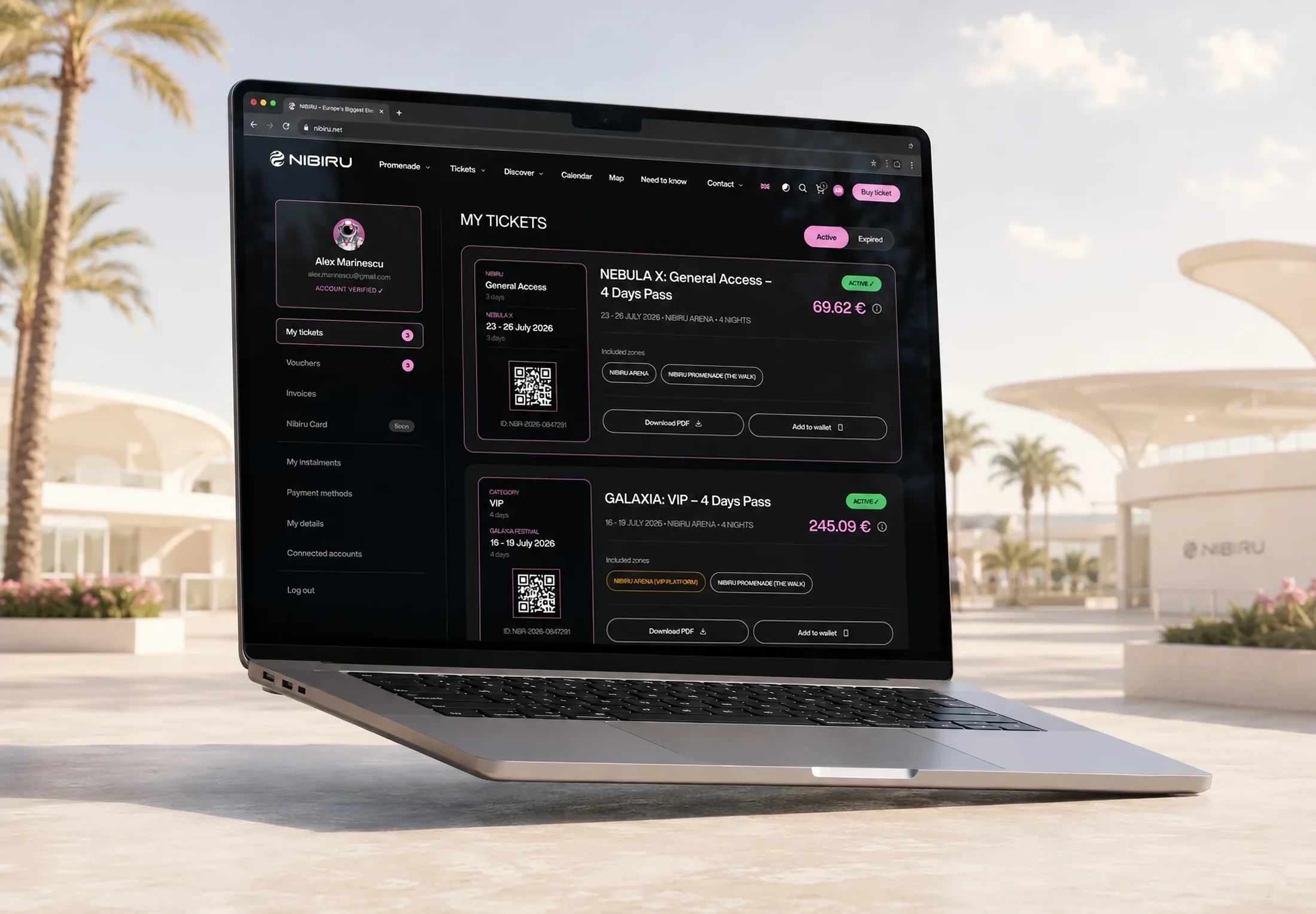 NIBIRU ticket wallet on a laptop